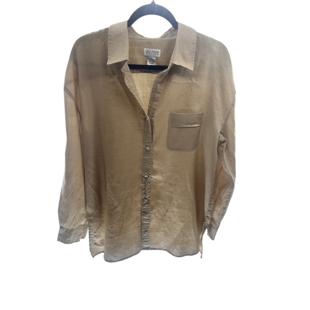 Allison Taylor Women's Linen Button Down‎ Long Sleeve Casual Shirt Beige XL